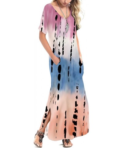 Women's V Neck Casual Loose Long Dress Short Sleeve Split Maxi Summer Beach Dress with Pockets Purple Blue $17.86 Dresses