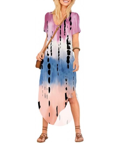 Women's V Neck Casual Loose Long Dress Short Sleeve Split Maxi Summer Beach Dress with Pockets Purple Blue $17.86 Dresses