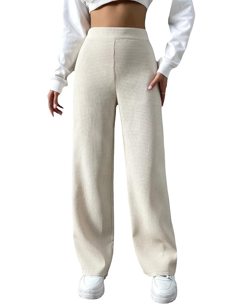 Women's Casual Elastic High Waisted Wide Leg Waffle Pants Loose Trousers Beige $23.77 Pants