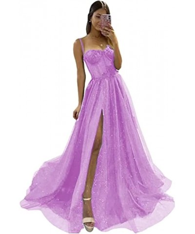 Women's Glitter Tulle 3D Flower Spaghetti Straps Prom Dresses Long Split Evening Party Gowns Lilac $27.95 Dresses