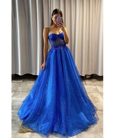 Women's Glitter Tulle 3D Flower Spaghetti Straps Prom Dresses Long Split Evening Party Gowns Lilac $27.95 Dresses