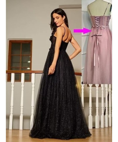 Women's Glitter Tulle 3D Flower Spaghetti Straps Prom Dresses Long Split Evening Party Gowns Lilac $27.95 Dresses