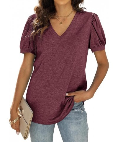 Womens Tops V Neck Summer Puff Sleeve Tshirts Fashion Casual 2-maroon $11.89 T-Shirts