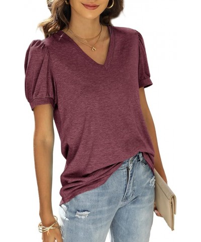 Womens Tops V Neck Summer Puff Sleeve Tshirts Fashion Casual 2-maroon $11.89 T-Shirts