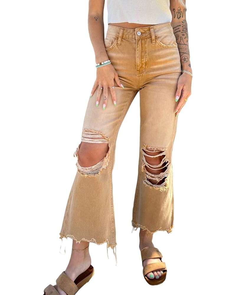 Women's Ripped Jeans Vintage Loose Fit Distressed Crop Flare Denim Pants Brown $15.50 Jeans