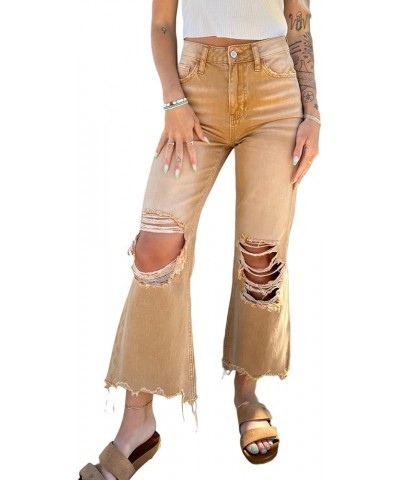 Women's Ripped Jeans Vintage Loose Fit Distressed Crop Flare Denim Pants Brown $15.50 Jeans