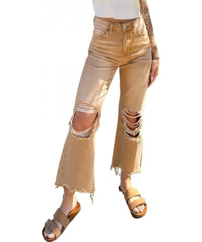 Women's Ripped Jeans Vintage Loose Fit Distressed Crop Flare Denim Pants Brown $15.50 Jeans