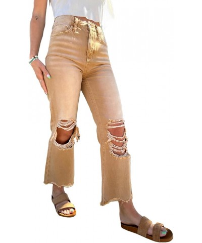 Women's Ripped Jeans Vintage Loose Fit Distressed Crop Flare Denim Pants Brown $15.50 Jeans