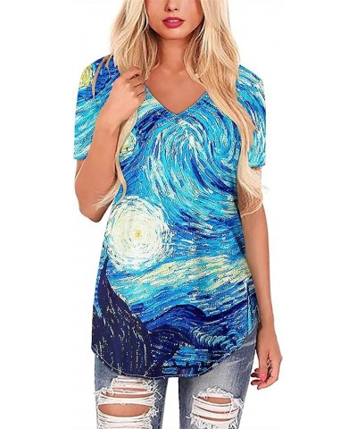 JooMeryer Women's 3D Printed Van Gogh V-Neck Short Sleeve Lightweight Pullover T-Shirts Tee Shirt Starry Night $10.39 T-Shirts