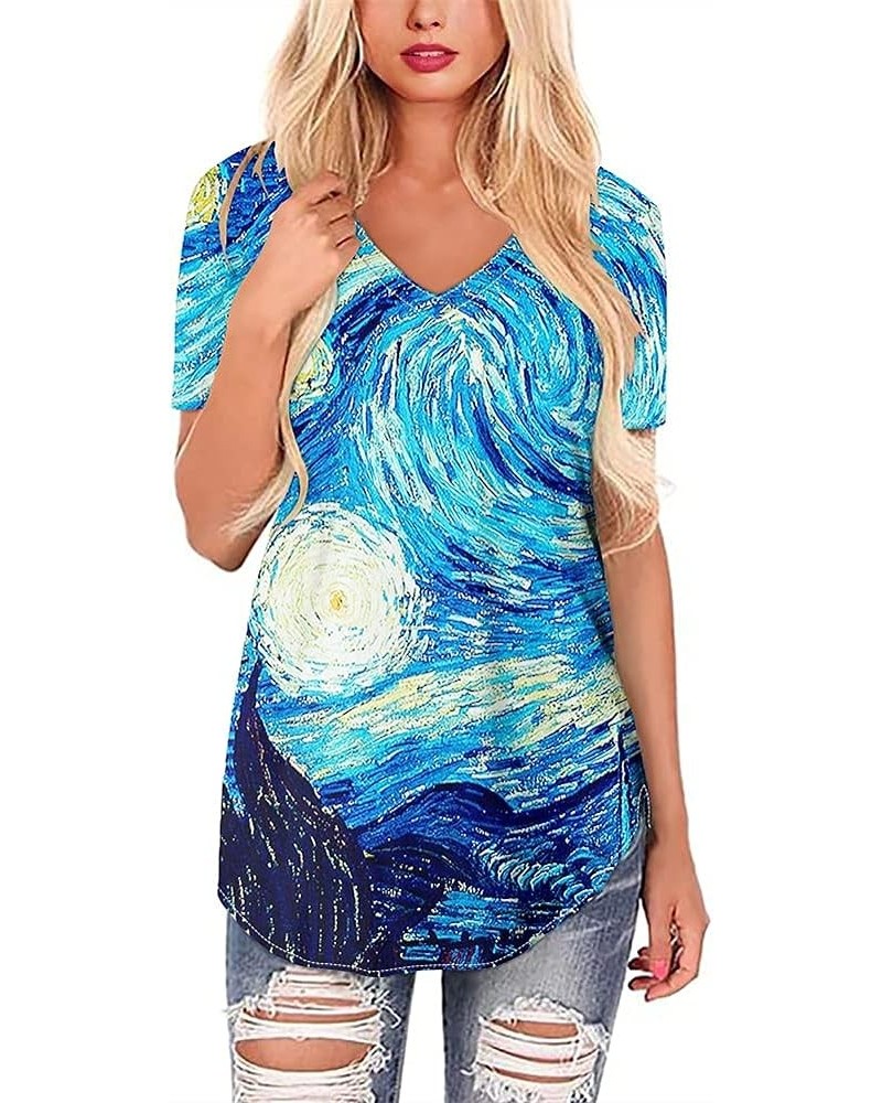 JooMeryer Women's 3D Printed Van Gogh V-Neck Short Sleeve Lightweight Pullover T-Shirts Tee Shirt Starry Night $10.39 T-Shirts