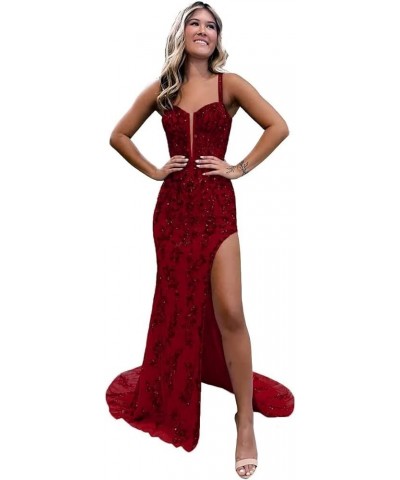 Sparkly Prom Dresses Sweetheart Glitter Sequin Dress Side Split Dresses Women Tulle Sheath Dress with Sweep Train Dark Red $3...