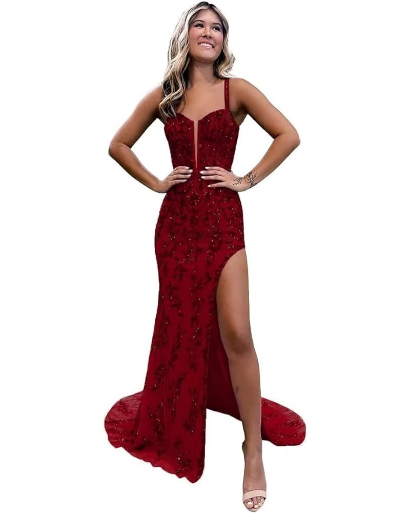 Sparkly Prom Dresses Sweetheart Glitter Sequin Dress Side Split Dresses Women Tulle Sheath Dress with Sweep Train Dark Red $3...