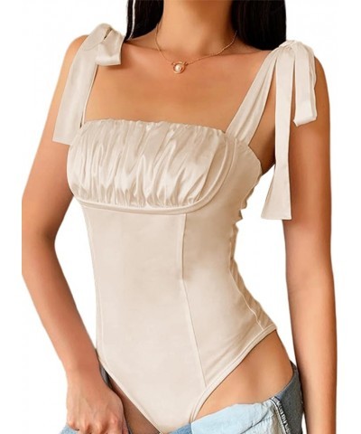 Women's Satin Ruched Sleeveless Tie Shoulder Square Neck Bodysuit Leotard Tops Solid Beige $13.33 Bodysuits