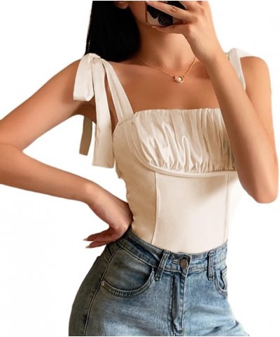 Women's Satin Ruched Sleeveless Tie Shoulder Square Neck Bodysuit Leotard Tops Solid Beige $13.33 Bodysuits