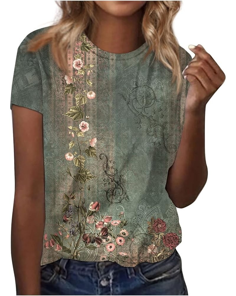 Retro Floral Print Shirts for Women Short Sleeve Crew Neck Pullover Summer Tops Blouse Fashion Loose Basic Tees Tops 09green ...