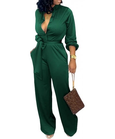 Women's Sexy Jumpsuits Elegant Long Sleeve Straight Long Pants Clubwear Rompers with Pockets Dark Greena $25.95 Jumpsuits