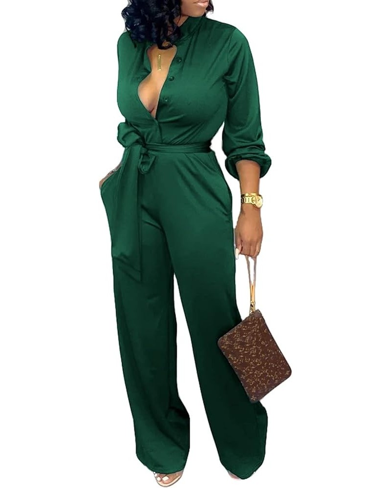 Women's Sexy Jumpsuits Elegant Long Sleeve Straight Long Pants Clubwear Rompers with Pockets Dark Greena $25.95 Jumpsuits