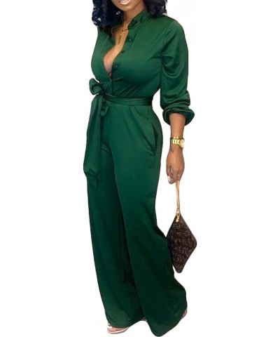 Women's Sexy Jumpsuits Elegant Long Sleeve Straight Long Pants Clubwear Rompers with Pockets Dark Greena $25.95 Jumpsuits