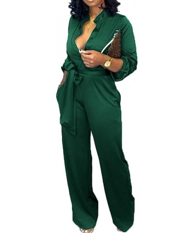 Women's Sexy Jumpsuits Elegant Long Sleeve Straight Long Pants Clubwear Rompers with Pockets Dark Greena $25.95 Jumpsuits