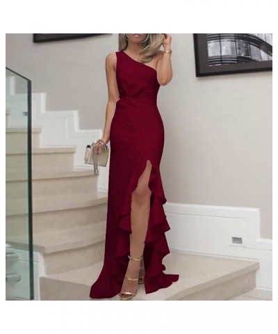 Wedding Guest Dresses for Women 2023 Fashion Summer One Shoulder Casual Split Maxi Dress Formal Evening Gowns B Red $11.66 Ac...