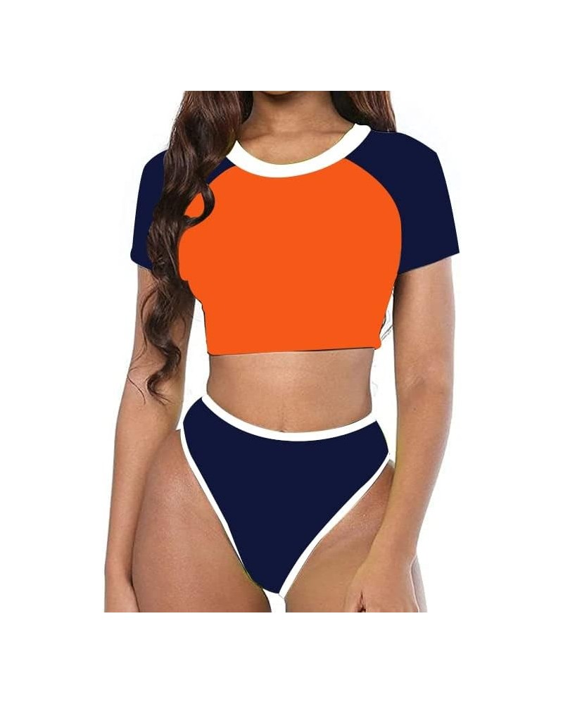 Women's Short Sleeve Swimsuit High Waisted Bikini Neon Bathing Suits Thong Triangle Swimwear Rashguard Orange $13.95 Swimsuits