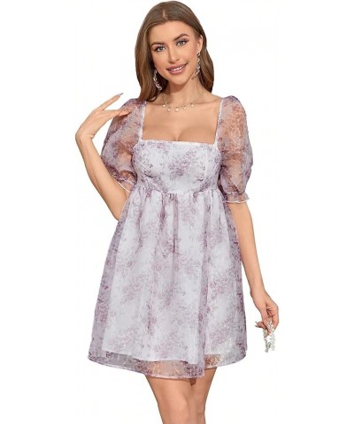 Women's Floral Print Square Neck Puff Short Sleeve High Rise Flare Organza Dress Floral Purple $16.72 Dresses