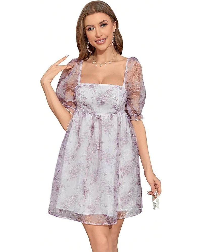 Women's Floral Print Square Neck Puff Short Sleeve High Rise Flare Organza Dress Floral Purple $16.72 Dresses