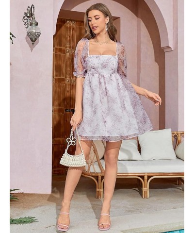 Women's Floral Print Square Neck Puff Short Sleeve High Rise Flare Organza Dress Floral Purple $16.72 Dresses