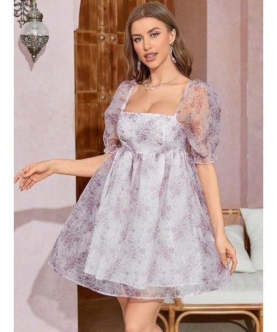 Women's Floral Print Square Neck Puff Short Sleeve High Rise Flare Organza Dress Floral Purple $16.72 Dresses