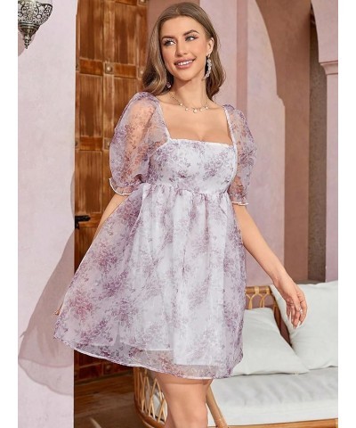 Women's Floral Print Square Neck Puff Short Sleeve High Rise Flare Organza Dress Floral Purple $16.72 Dresses