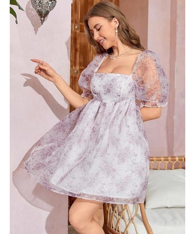 Women's Floral Print Square Neck Puff Short Sleeve High Rise Flare Organza Dress Floral Purple $16.72 Dresses