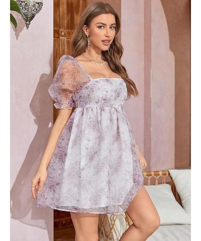 Women's Floral Print Square Neck Puff Short Sleeve High Rise Flare Organza Dress Floral Purple $16.72 Dresses