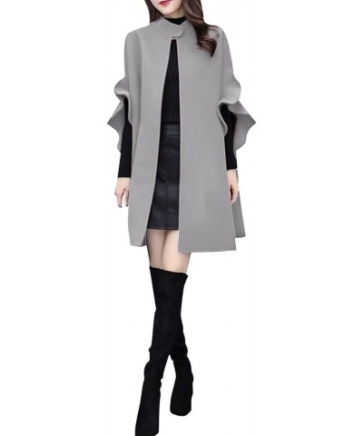 Women's Elegant Poncho Double-Breast Slit Sleeve Flowy Wool Blend Cape Cloak Coat Grey $9.85 Coats