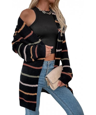 Women's Striped Print Drop Shoulder Cardigan Long Sleeve Casual Sweater Outerwear Black Striped $16.00 Sweaters