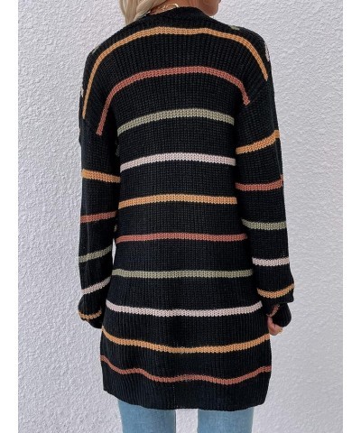 Women's Striped Print Drop Shoulder Cardigan Long Sleeve Casual Sweater Outerwear Black Striped $16.00 Sweaters