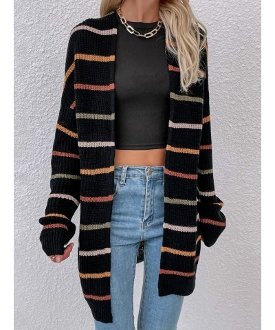 Women's Striped Print Drop Shoulder Cardigan Long Sleeve Casual Sweater Outerwear Black Striped $16.00 Sweaters