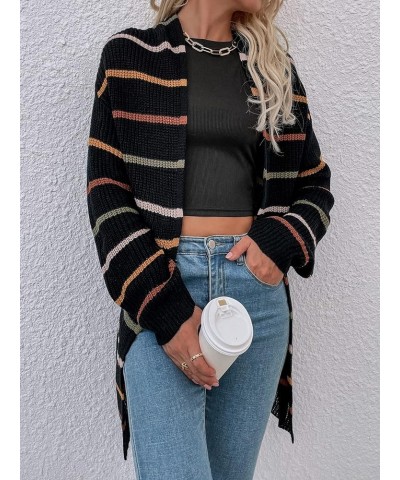 Women's Striped Print Drop Shoulder Cardigan Long Sleeve Casual Sweater Outerwear Black Striped $16.00 Sweaters