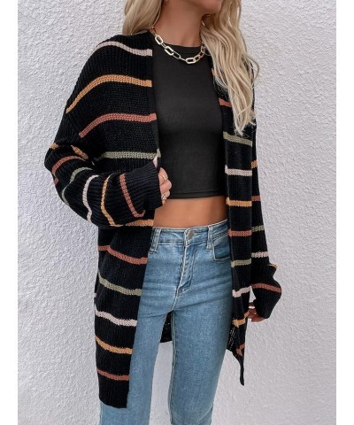 Women's Striped Print Drop Shoulder Cardigan Long Sleeve Casual Sweater Outerwear Black Striped $16.00 Sweaters