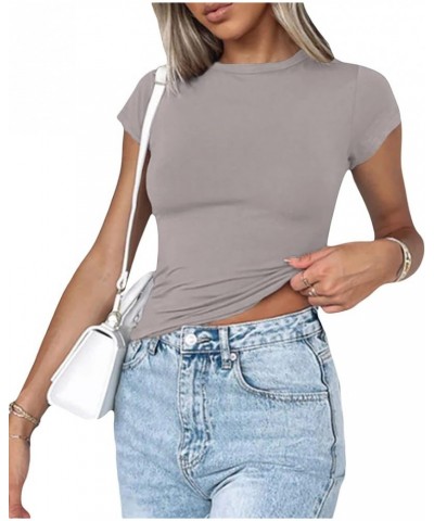 Womens Short Sleeve Crop Top Slim Fit Solid Color Shirt Top Basic Plain Y2k Going Out Tee Top Streetwear Crew Neck-light Grey...