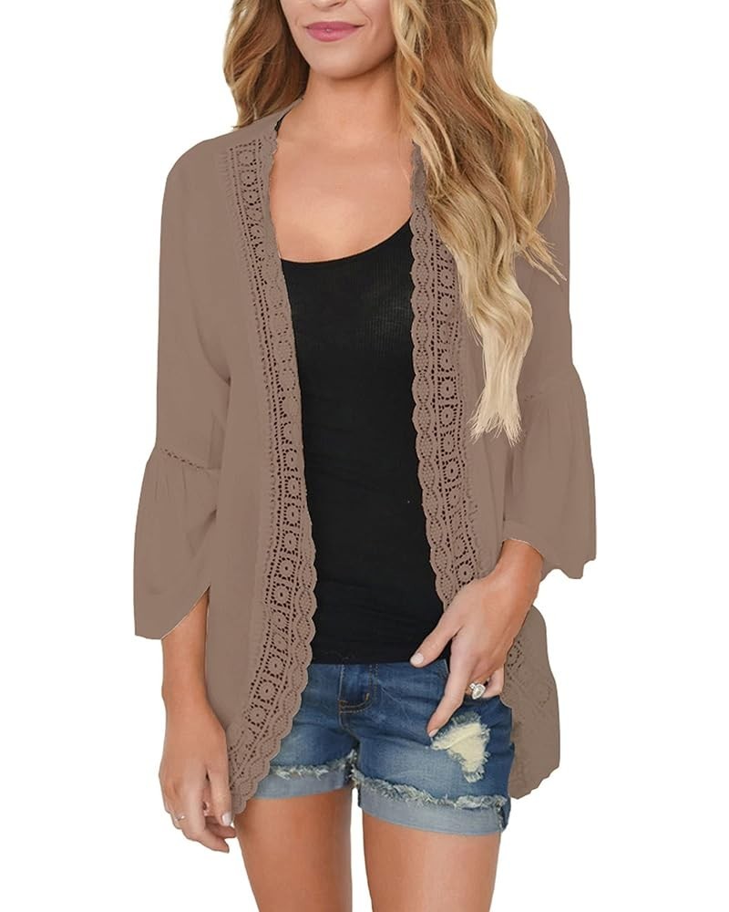 Women's Summer Kimono Cardigans Ruffle Bell Sleeve Sweaters Lace Cover Up Loose Blouse Tops Coffee $9.16 Sweaters