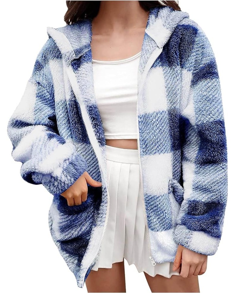 Women's Fleece Plaid Jacket Coats Casual Comfy Button Down Shacket Fuzzy Coat Warm Outwear Blue_02 Zip Up Hoodies $9.91 Jackets