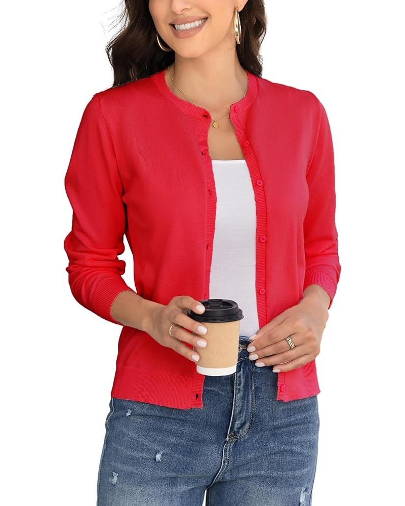 Women's Crew Neck Button Down Long Sleeve Cardigan for Women Classic Soft Knit Ladies Cardigan Sweater Coat Red $16.31 Sweaters