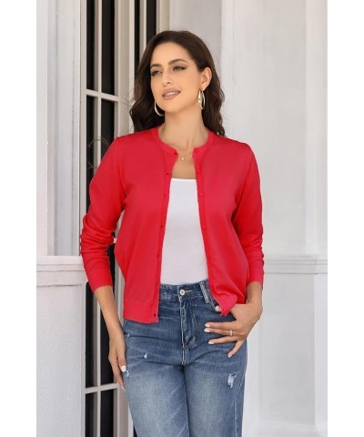 Women's Crew Neck Button Down Long Sleeve Cardigan for Women Classic Soft Knit Ladies Cardigan Sweater Coat Red $16.31 Sweaters