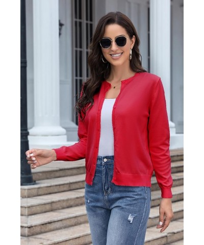 Women's Crew Neck Button Down Long Sleeve Cardigan for Women Classic Soft Knit Ladies Cardigan Sweater Coat Red $16.31 Sweaters