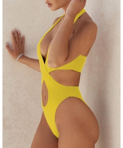 Women One Piece Swimsuits Sexy String Crisscross Bathing Suits High Cut Cutout Monokini Swimwear Yellow $9.66 Swimsuits