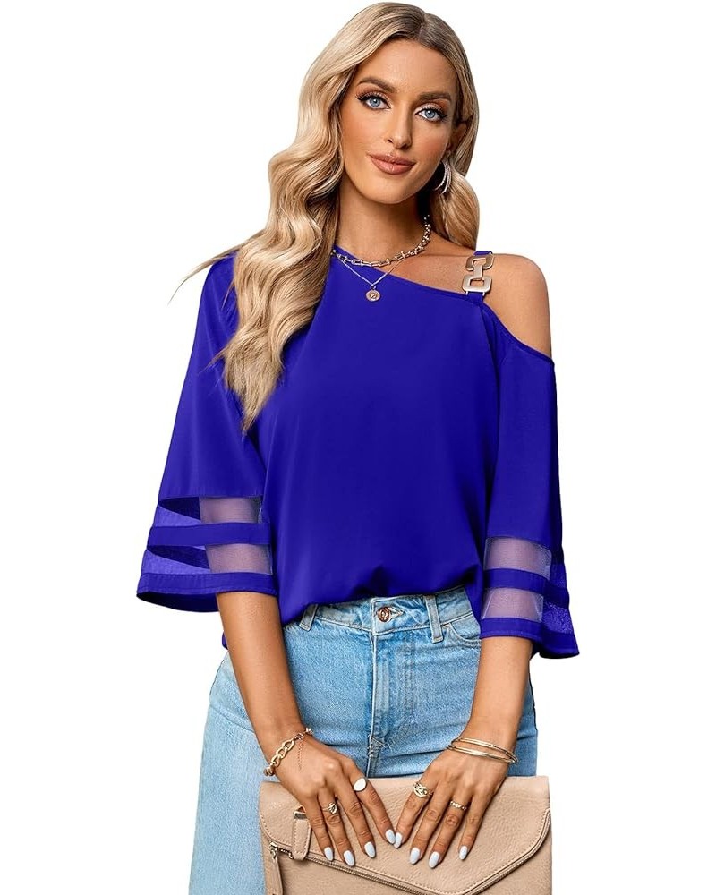 2023 Women Summer Solid Color Loose Fitting Chiffon Blouse 3/4 Bell Sleeve Flowy Shirts Dressy Casual Cute Summer Tops Royal ...