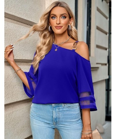 2023 Women Summer Solid Color Loose Fitting Chiffon Blouse 3/4 Bell Sleeve Flowy Shirts Dressy Casual Cute Summer Tops Royal ...