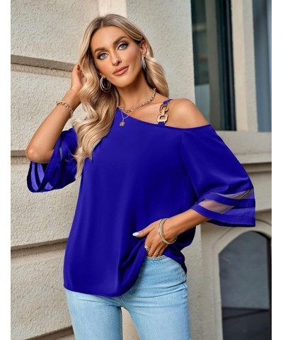 2023 Women Summer Solid Color Loose Fitting Chiffon Blouse 3/4 Bell Sleeve Flowy Shirts Dressy Casual Cute Summer Tops Royal ...