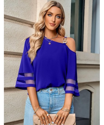 2023 Women Summer Solid Color Loose Fitting Chiffon Blouse 3/4 Bell Sleeve Flowy Shirts Dressy Casual Cute Summer Tops Royal ...