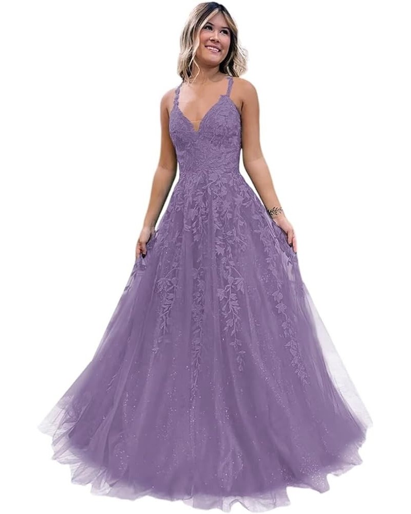 Women's Lace Applique V-Neck Prom Drsses Long Spaghetti Straps Sparkly Tulle Evening Party Gowns YO077 Wisteria $38.25 Dresses